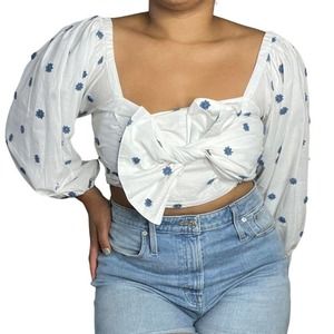 White/Blue FARM RIO Puff Sleeve Crop Top
